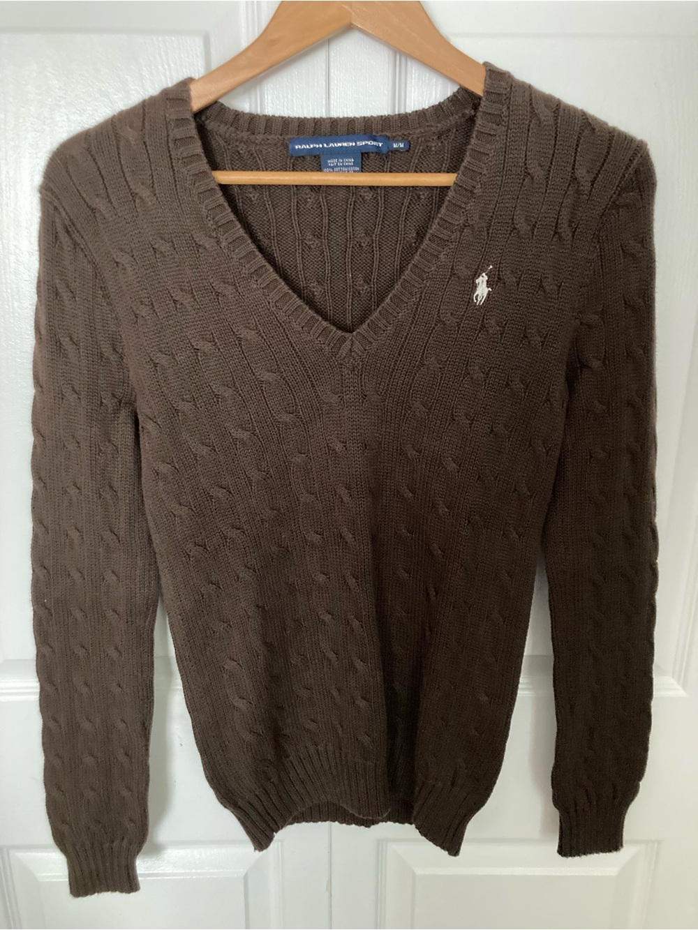 Ralph Lauren Brown Cable-Knit V-Neck Sweater with Polo Pony